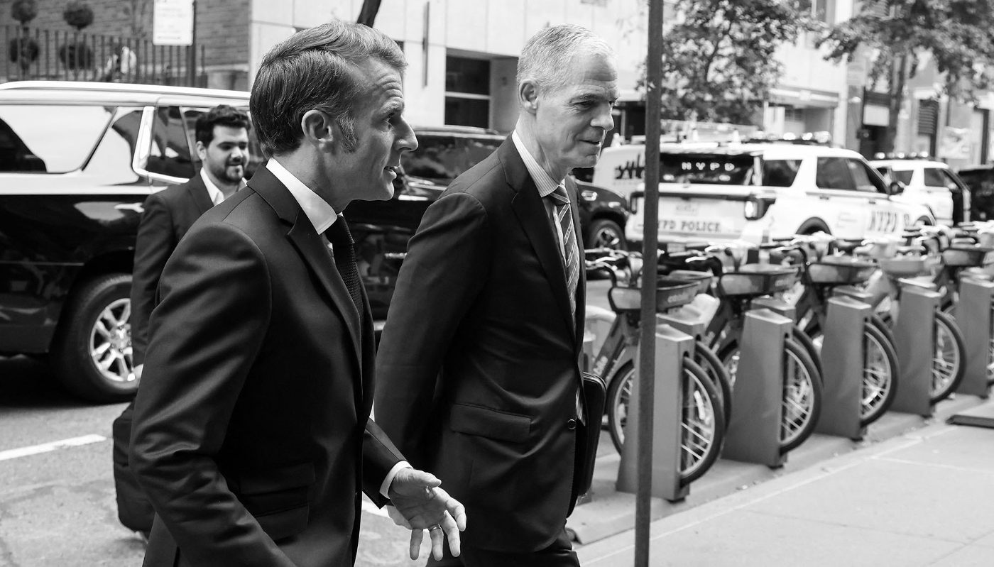 French President Emmanuel Macron and France’s Ambassador to the United Nations, Jérôme Bonnafont (right), arrive at the Permanent Mission of France to the United Nations in New York, on 22 September 2025.