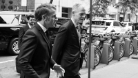 French President Emmanuel Macron and France’s Ambassador to the United Nations, Jérôme Bonnafont (right), arrive at the Permanent Mission of France to the United Nations in New York, on 22 September 2025. 