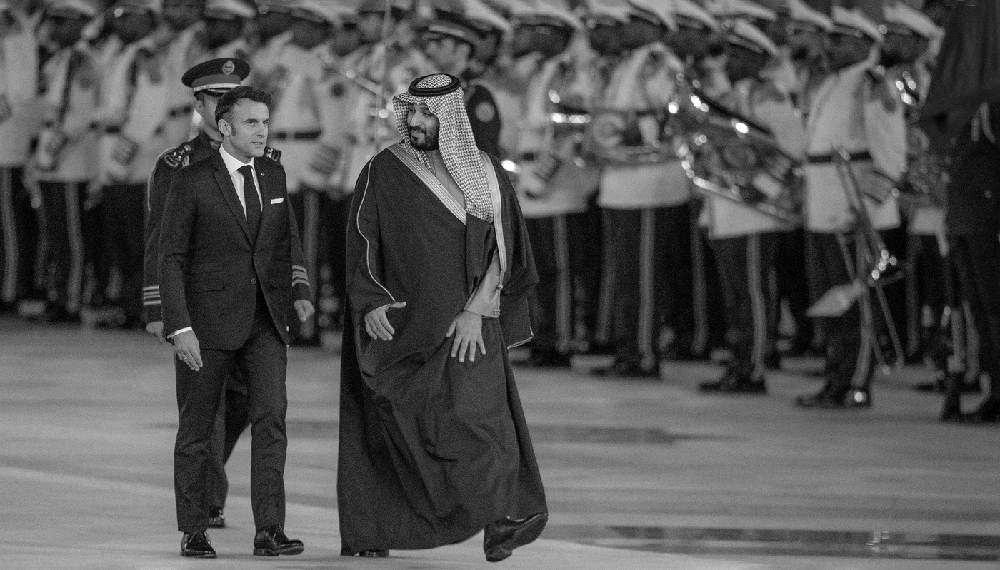 Saudi Crown Prince Mohammed bin Salman receiving French President Emmanuel Macron at Al-Yamamah Palace, Riyadh, Saudi Arabia, 2 December 2024.