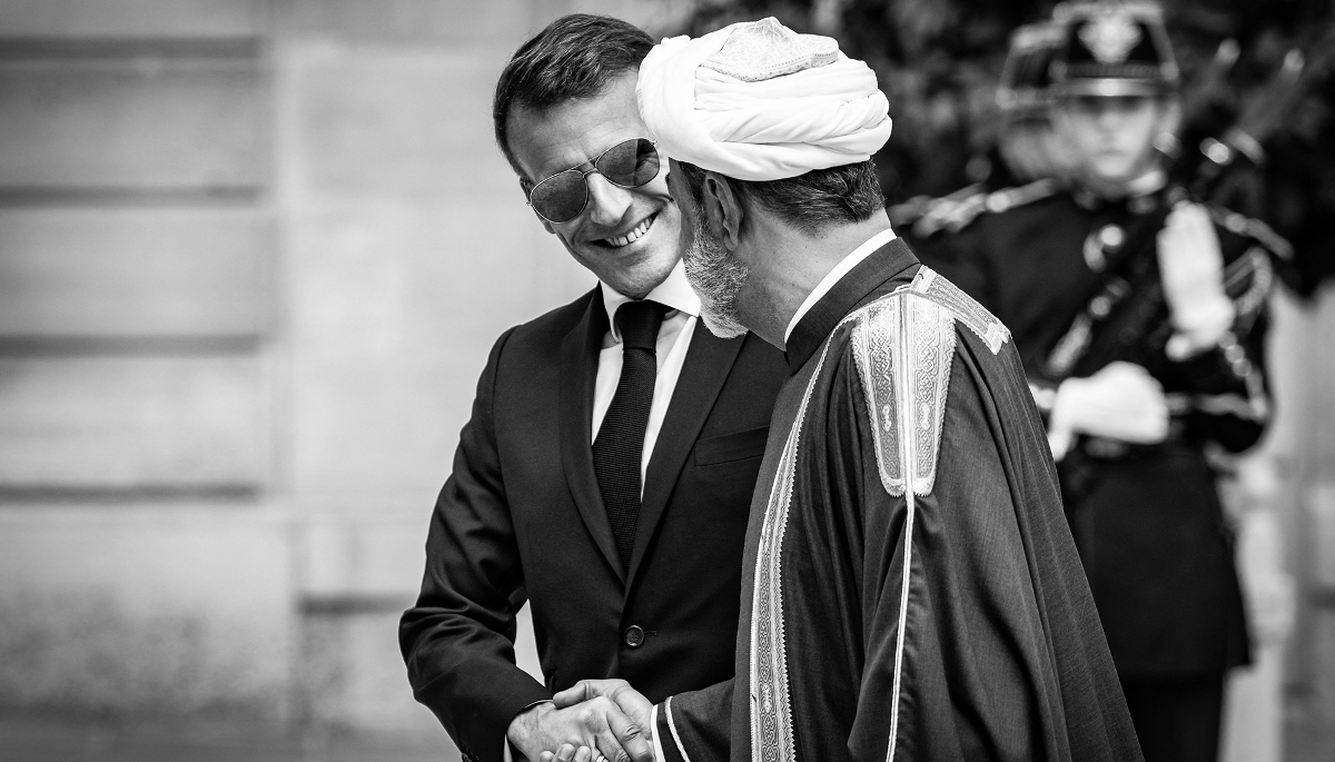 French President Emmanuel Macron with Haitham bin Tariq, Sultan of Oman, at the Élysée Palace in Paris, on 29 June 2026.