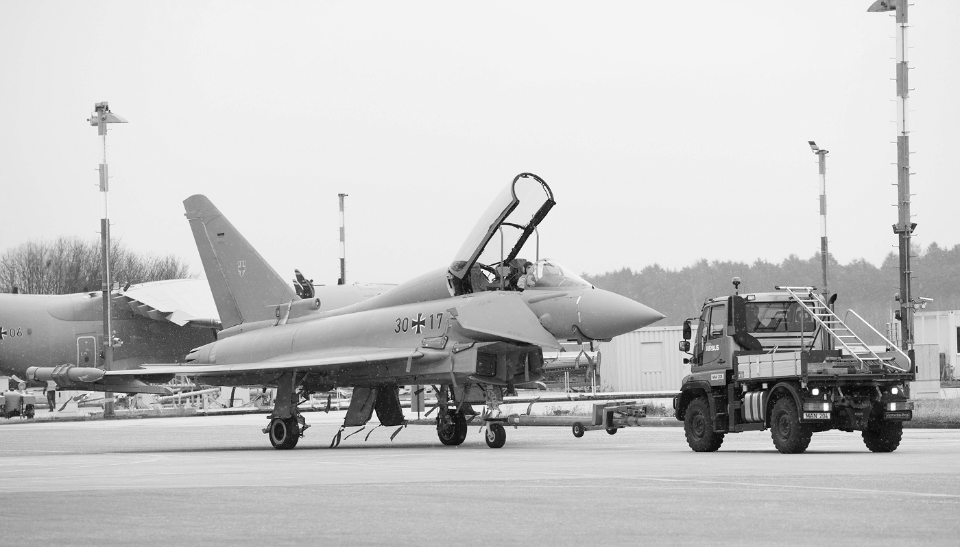 A Eurofighter Typhoon aircraft at Germany's Manching air base, on 19 January 2024. The base was subject to unidentified drone overflights early this year.