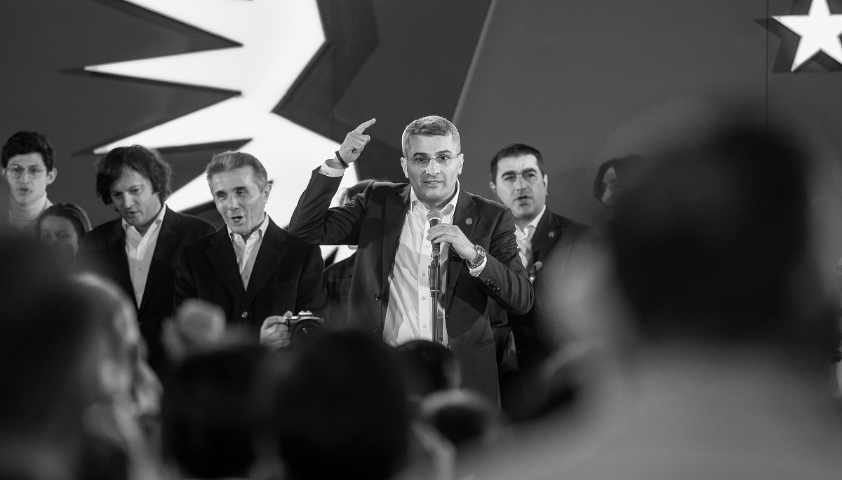 Georgian securocrat Mamouka Mdinaradze celebrating Georgian Dream's presidential election victory, on 26 October 2024.