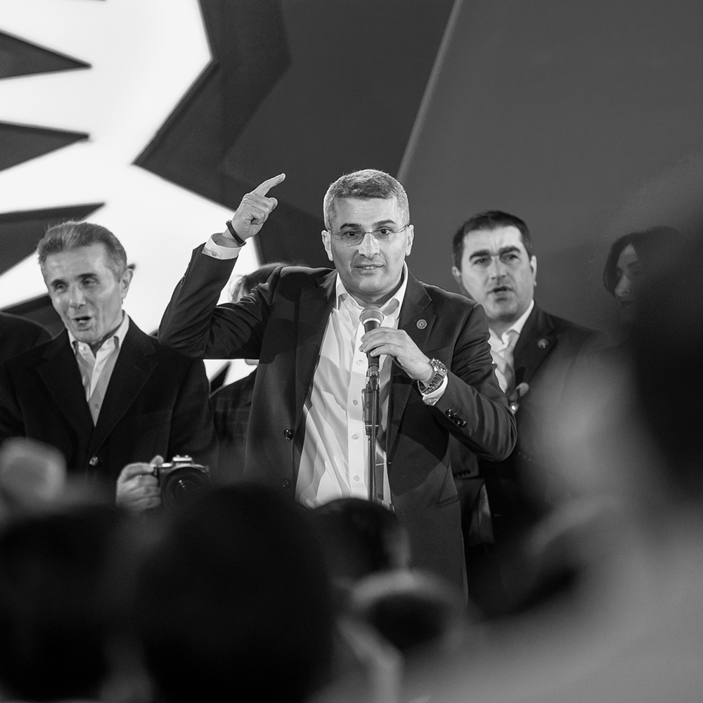 Georgian securocrat Mamouka Mdinaradze celebrating Georgian Dream's presidential election victory, on 26 October 2024.