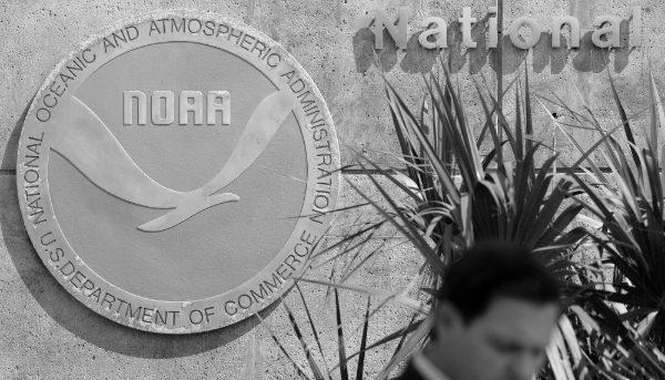 The logo of the National Oceanic and Atmospheric Administration at the National Hurricane Center in Miami on 29 August 2019.