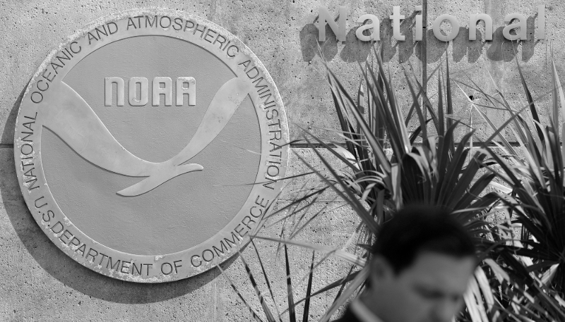 The logo of the National Oceanic and Atmospheric Administration at the National Hurricane Center in Miami on 29 August 2019.