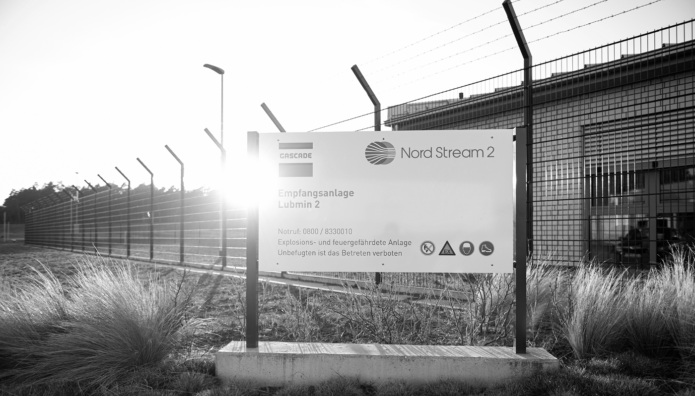 The Nord Stream 2 Baltic Sea gas pipeline logo at the entrance to the gas reception station in Lubmin, Germany.