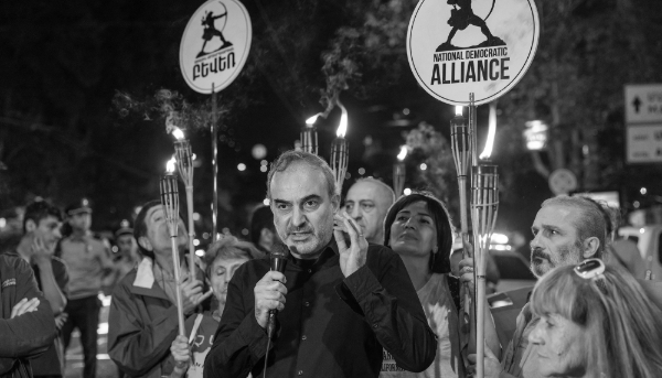 National Democratic Alliance leader Jirair Selfilian at a rally followed by a march to the Russian embassy in Yerevan on 20 September 2024.