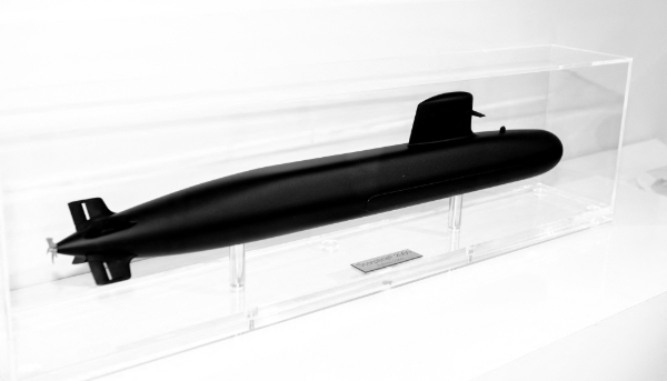 Model of a Scorpène class submarine at the Naval Group site in Ollioules, southern France, on 14 February 2025.