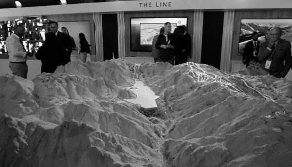 A model of Saudi mega-project Neom's Trojena mountains, presented at MIPIM trade fair in Cannes, France, on 14 March 2024. A French firm drilling tunnels for the futuristic city is now at the heart of negotiations between Islamabad and Riyadh over one of the world's largest mines in Pakistan. 