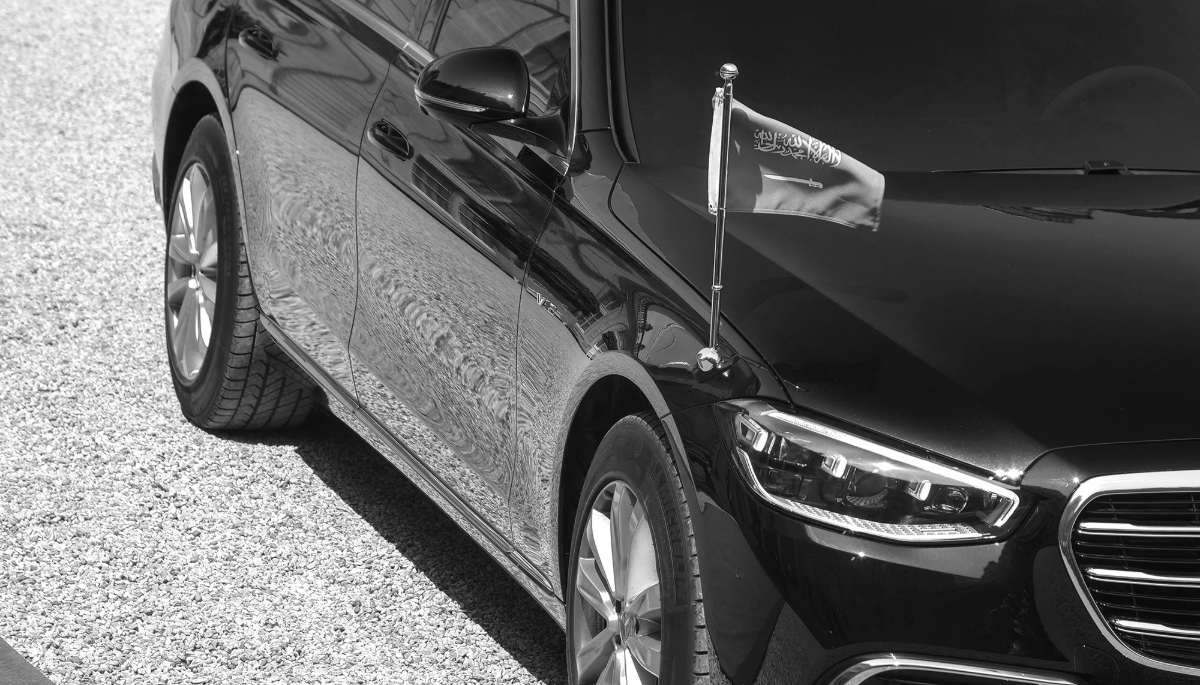 A Saudi flag on the official car of Saudi Prince Mohammed Bin Salman, at the Elysee Palace in Paris, on 16 June 2023.