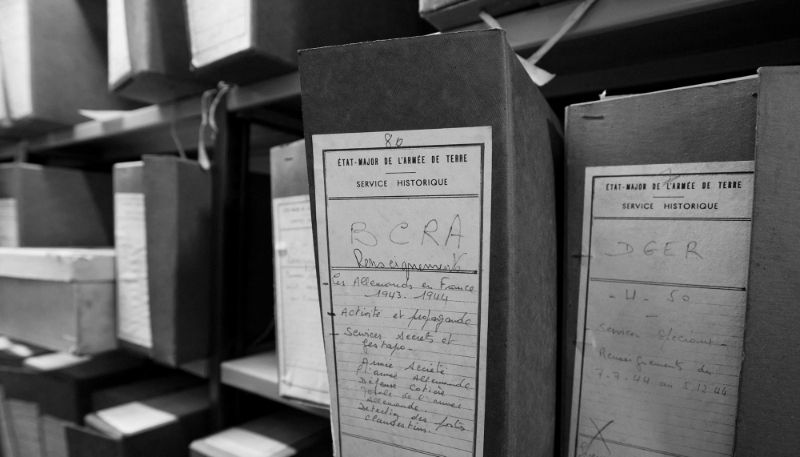 Files containing archives displayed at the Service Historique de la Défense, in Vincennes, in the suburbs of Paris.