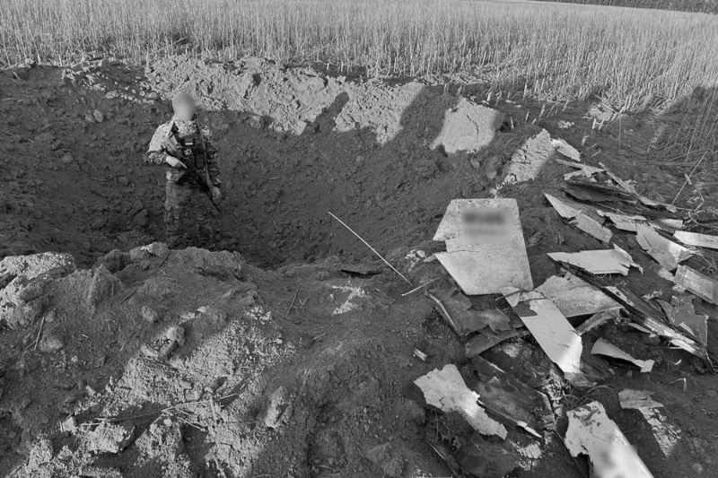 The wreckage of an Iranian-made Shahed drone launched by Russia after it was shot down in Chernihiv Oblast, on 14 May 2023,.
