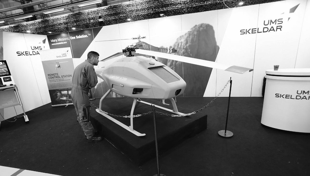 UMS Skeldar's stand at Malmen Airbase during the Flydagarna aviation event celebrating the 90th anniversary of the Swedish Air Force's founding, on 28 August 2016, 