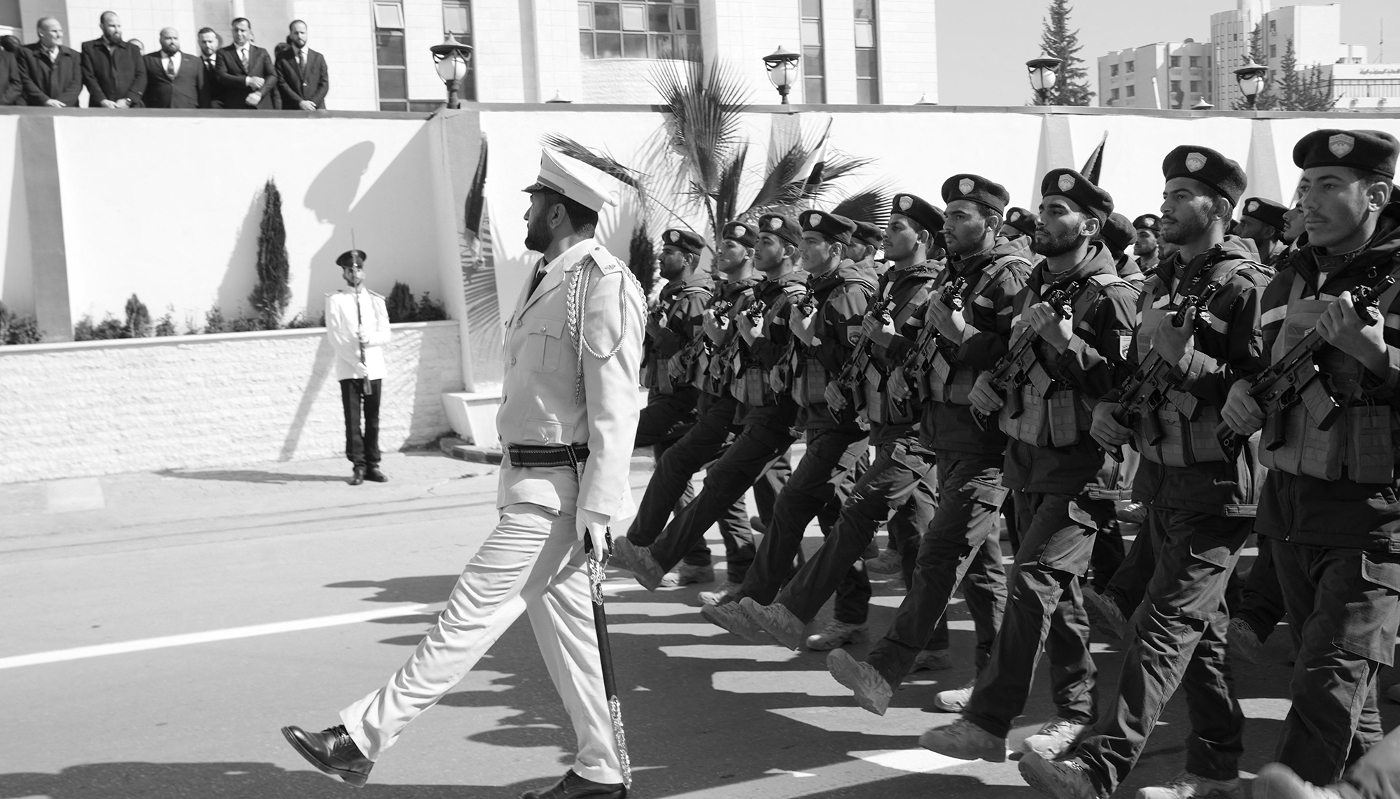 Newly recruited police officers marching in front of the Syrian Ministry of the Interior, on 17 March 2026.