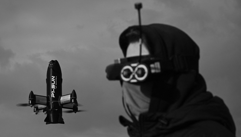 An employee of the Ukrainian company Skyfall carries out a test flight with a P1-Sun interceptor drone in Ukraine, on 19 March 2026.