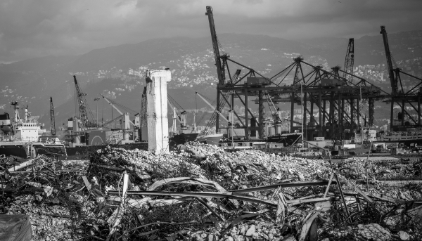 View of the port of Beirut on 10 January 2024 showing damage from the 2020 explosion.