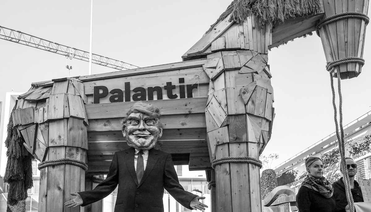 A protest against US tech company Palantir outside the German Chancellery in Berlin, on 3 September 2025.