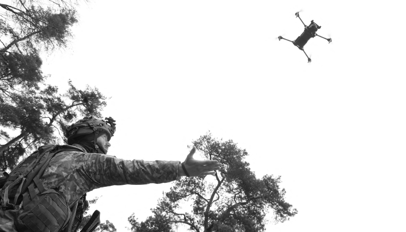 A Lithuanian Land Force soldier preparing to catch a Parrot reconnaissance drone during a military exercise, on 12 March 2025.