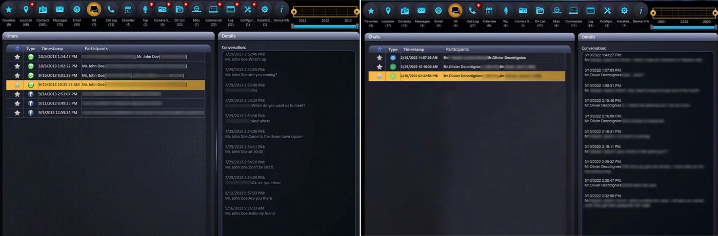 On the left, an image of the Pegasus command and control platform (NSO Group), published in 2022 by the Israeli newspaper Haaretz. On the right, the screenshot released by Léo Nicolian. As a precaution, Intelligence Online has blurred certain elements.