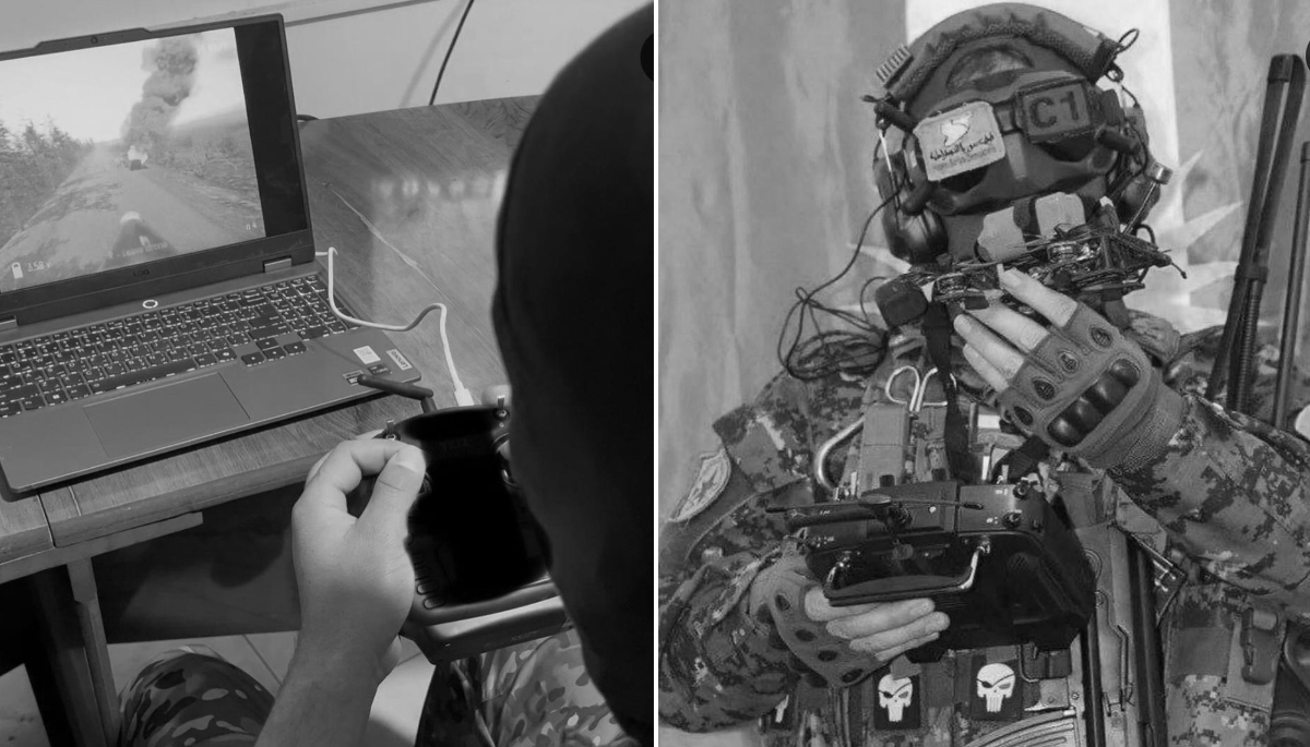 Left: a First-Person View (FPV) drone pilot training on a simulation video game made in Ukraine. Right: an FPV pilot from the Kurdish YAT special forces.
