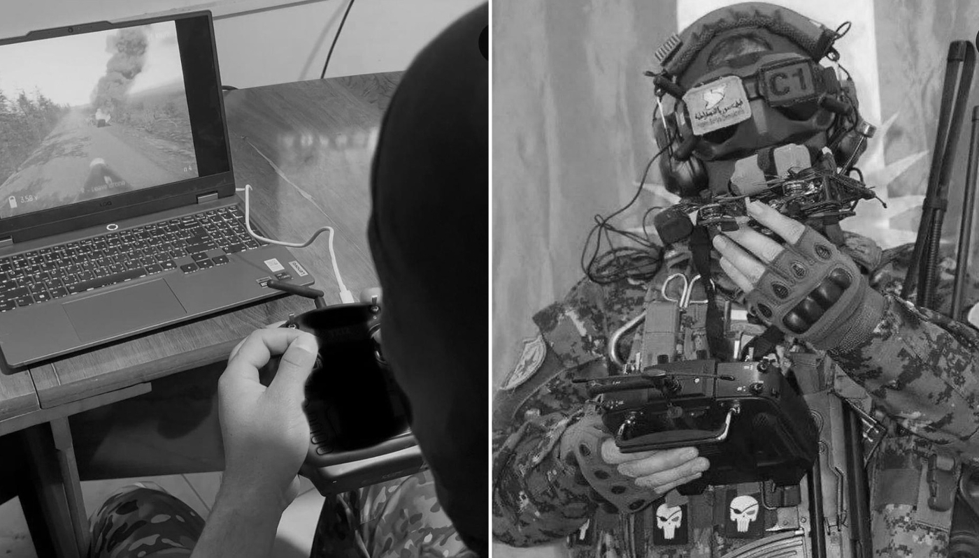 Left: a First-Person View (FPV) drone pilot training on a simulation video game made in Ukraine. Right: an FPV pilot from the Kurdish YAT special forces.