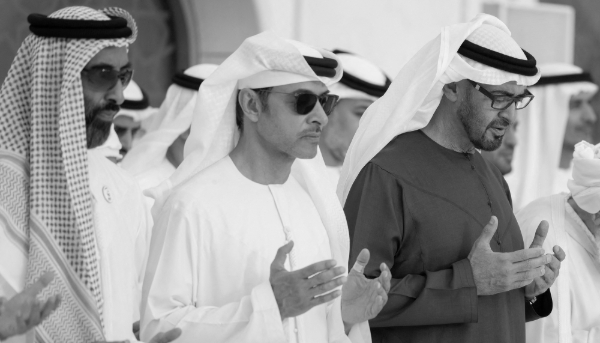 Sheikh Tahnoon bin Zayed Al Nahyan, Sheikh Hazza bin Zayed Al Nahyan and Sheikh Mohamed bin Zayed Al Nahyan at the Grand Mosque in Abu Dhabi, United Arab Emirates, 10 April 2024.