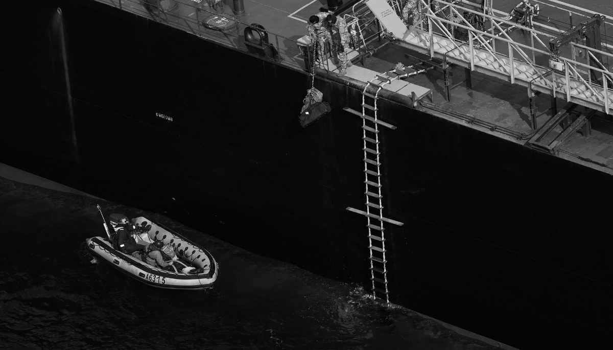 French forces boarding the Russian ghost fleet ship Pushpa at the French Atlantic port of Saint-Nazaire, on 2 October 2025. 