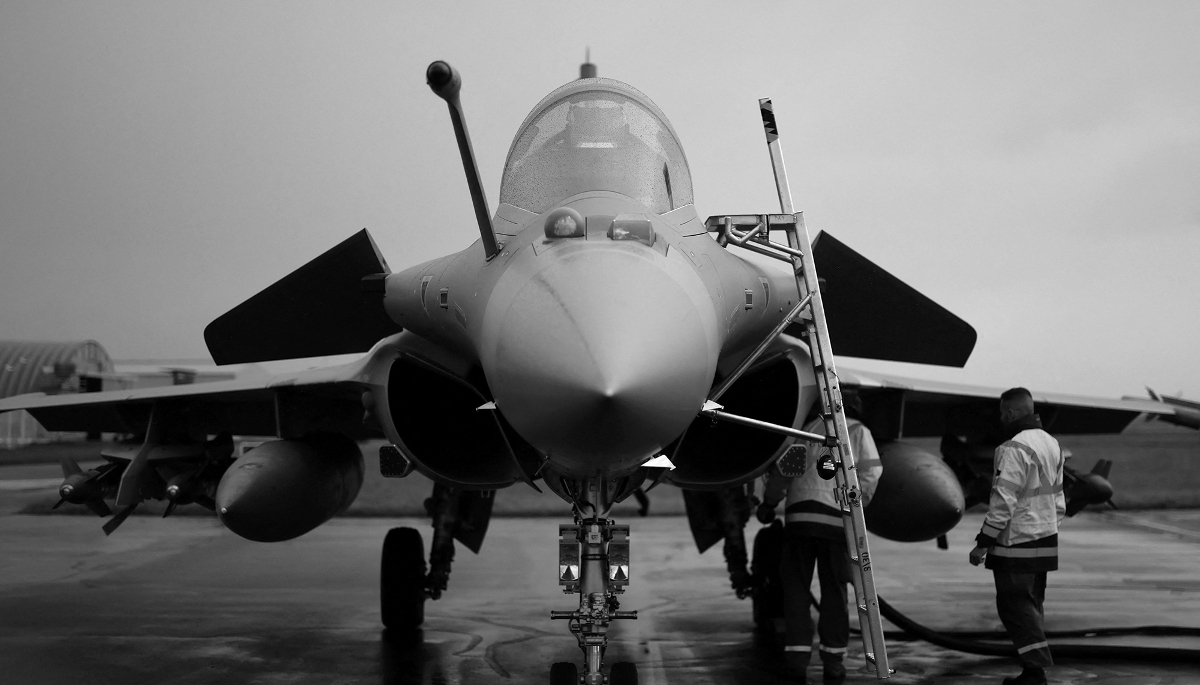 A Dassault Rafale C fighter jet at Montoir-de-Bretagne airport, near Saint-Nazaire, on 19 February 2026. 
