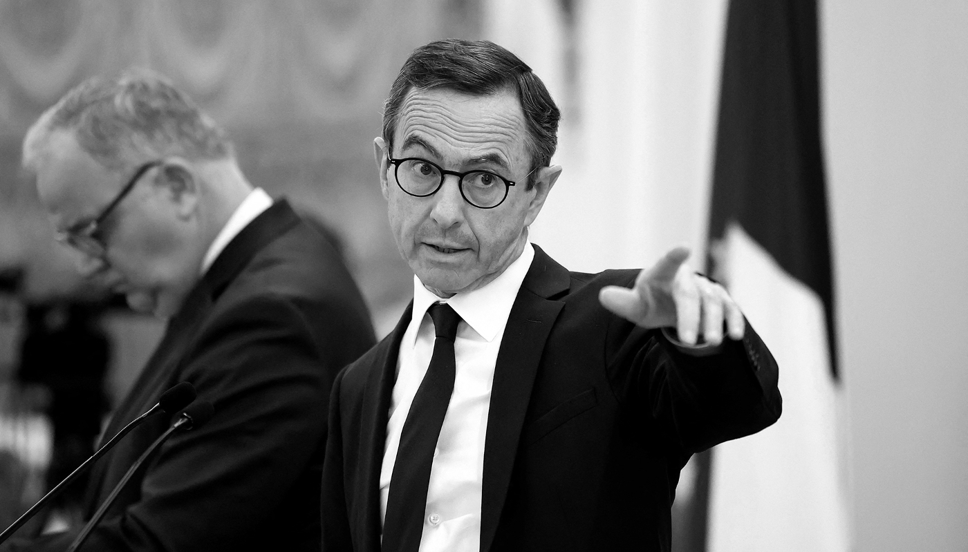 French Interior Minister Bruno Retailleau during a press conference at the Hotel de Beauvau, Ministry of Interior, in Paris, France, 10 April 2025.