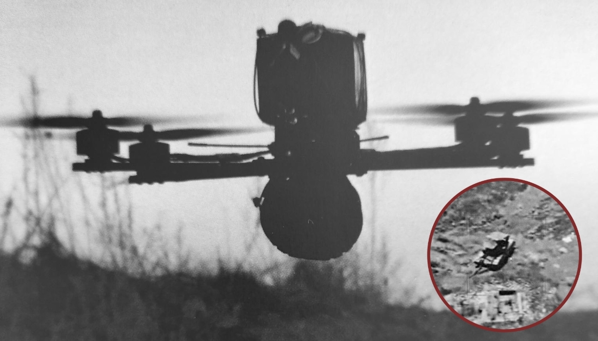 The Grungnir FPV drone from Renegade UxS ApS, with a thumbnail image of a Russian tank identified by the device's on-board AI algorithm.