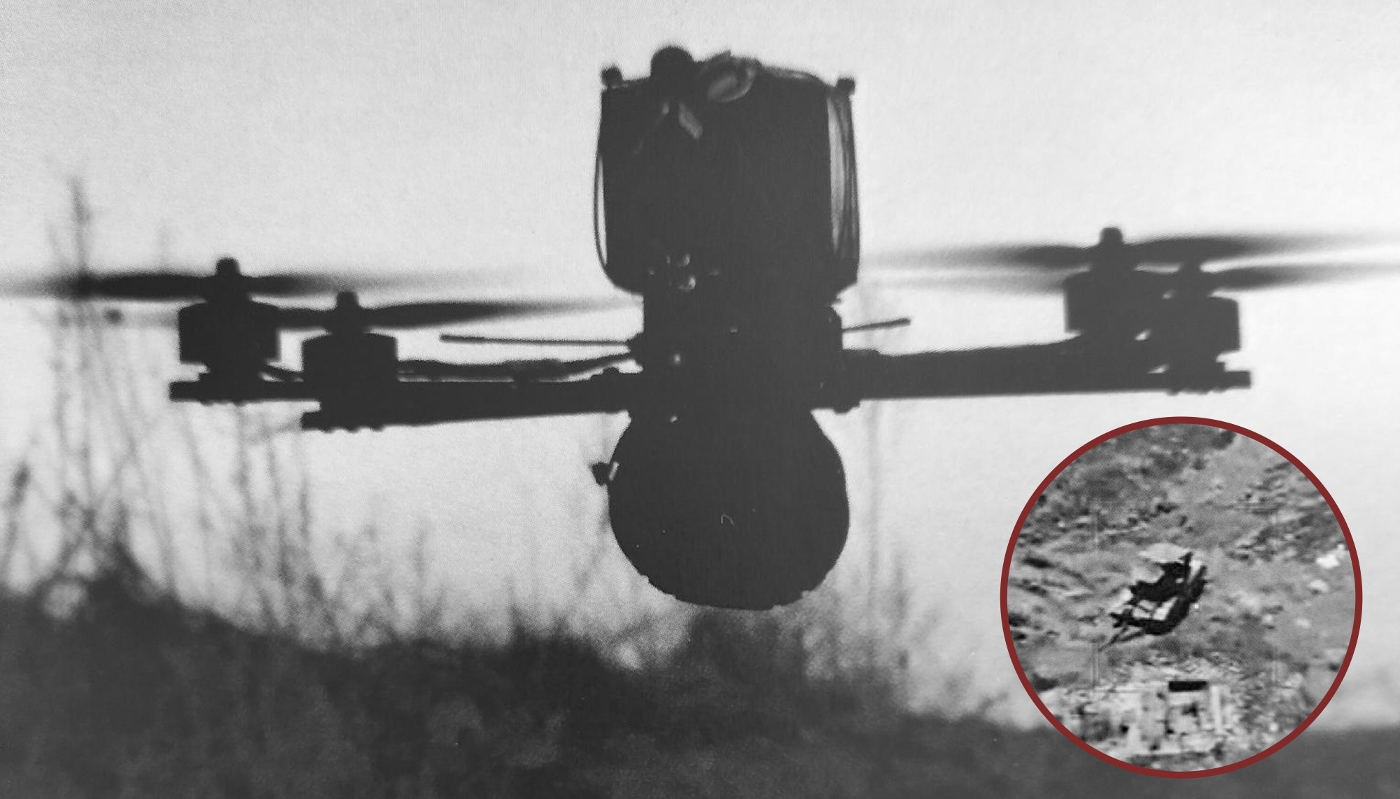 The Grungnir FPV drone from Renegade UxS ApS, with a thumbnail image of a Russian tank identified by the device's on-board AI algorithm.