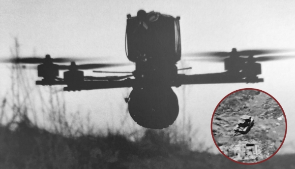 The Grungnir FPV drone from Renegade UxS ApS, with a thumbnail image of a Russian tank identified by the device's on-board AI algorithm.