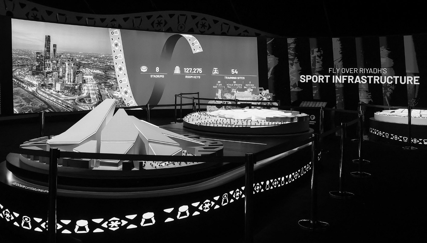 A view of the stadium models on display as part of the exhibition showcasing Saudi Arabia’s bid to host the 2034 FIFA World Cup, in Riyadh, on 30 October 2024.