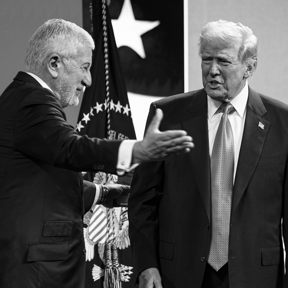 United States President Donald Trump and Richard Attias, chief executive officer of Future Investment Initiative, at the Future Investment Initiative Forum, in Miami Beach, Florida, on 19 February 2025.