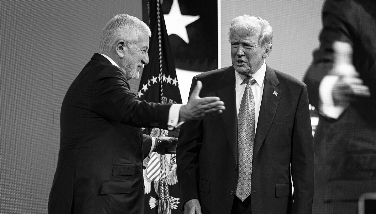 United States President Donald Trump and Richard Attias, chief executive officer of Future Investment Initiative, at the Future Investment Initiative Forum, in Miami Beach, Florida, on 19 February 2025. 
