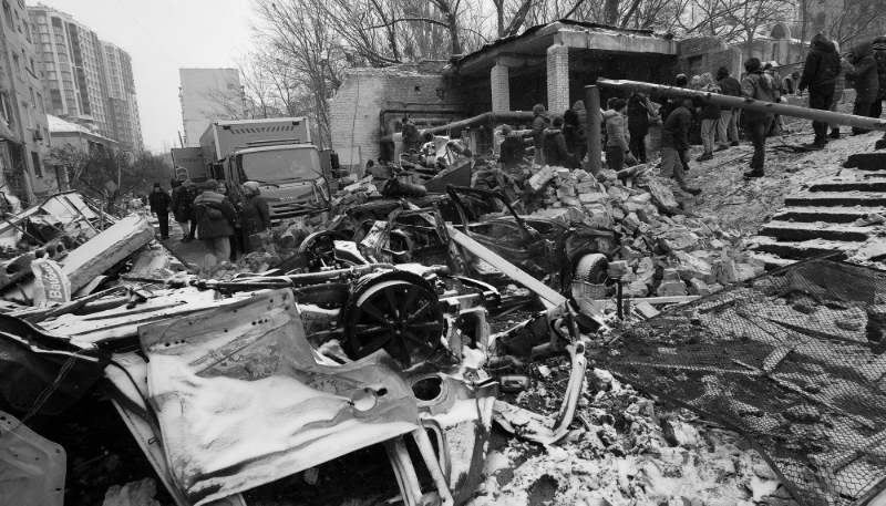 A building destroyed by a Russian missile attack in Kyiv on 3 January 2024. 