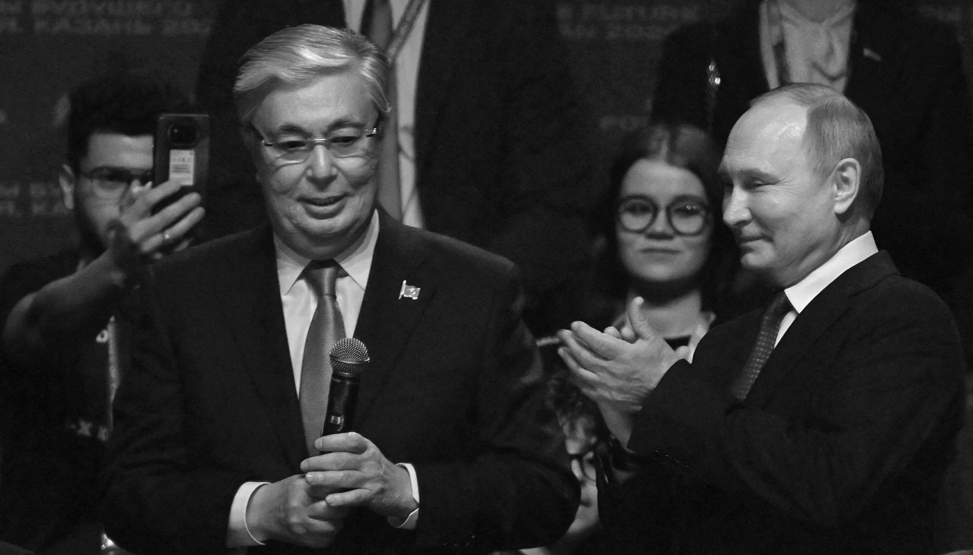Kazakhstan's President Kassym Jomart Tokayev and Russian President Vladimir Putin in Kazan, Republic of Tatarstan, Russia, on 21 February 2024.