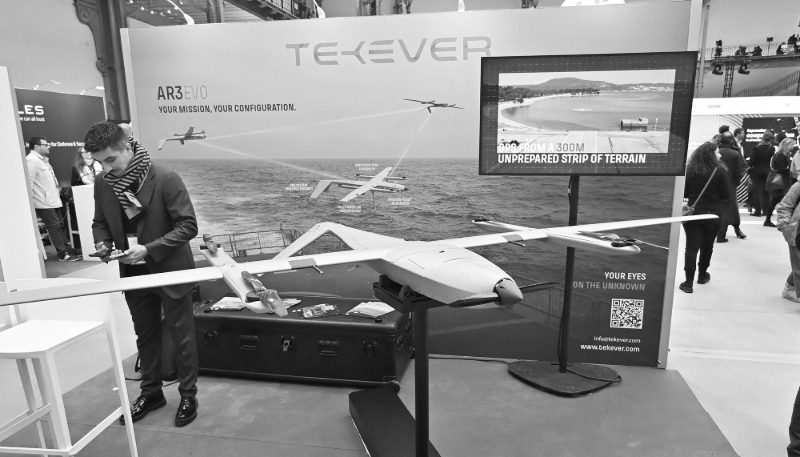 A Tekever AR3 EVO drone on display at the company's stand at the Grand Palais during the Adopt AI summit in Paris on 25 November 2025.