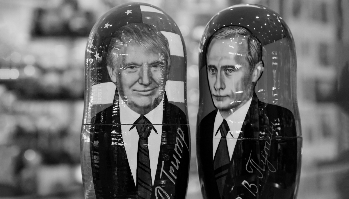 Traditional Russian Matryoshka wooden dolls representing US President-elect Donald Trump and Russian President Vladimir Putin.