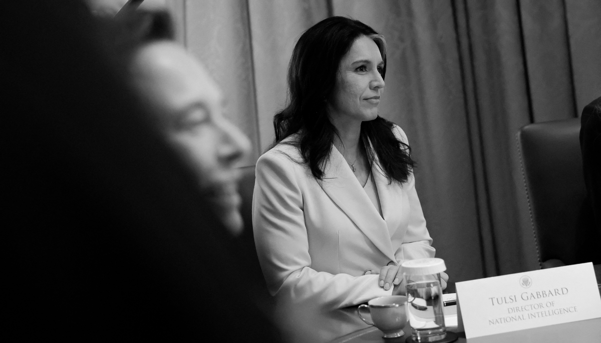 Director of National Intelligence Tulsi Gabbard sits next to Elon Musk, senior advisor to the president, at a Cabinet meeting at the White House on 10 April 2025 in Washington, DC.
