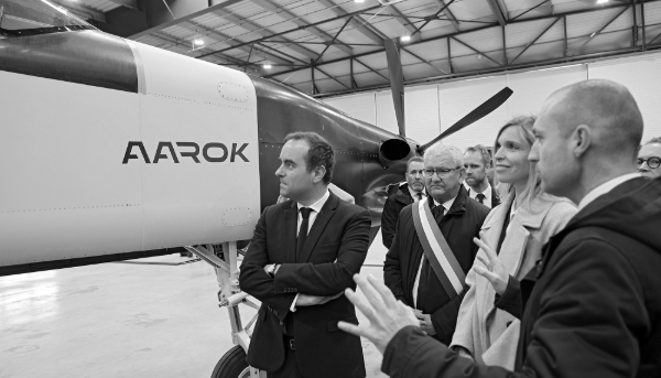 Presentation of the Aarok MALE UAV from French SME Turgis Gaillard to France's Minister for the Armed Forces Sébastien Lecornu, at Le Breuil airfield (Centre-Val de Loire, France), on 27 February 2025.