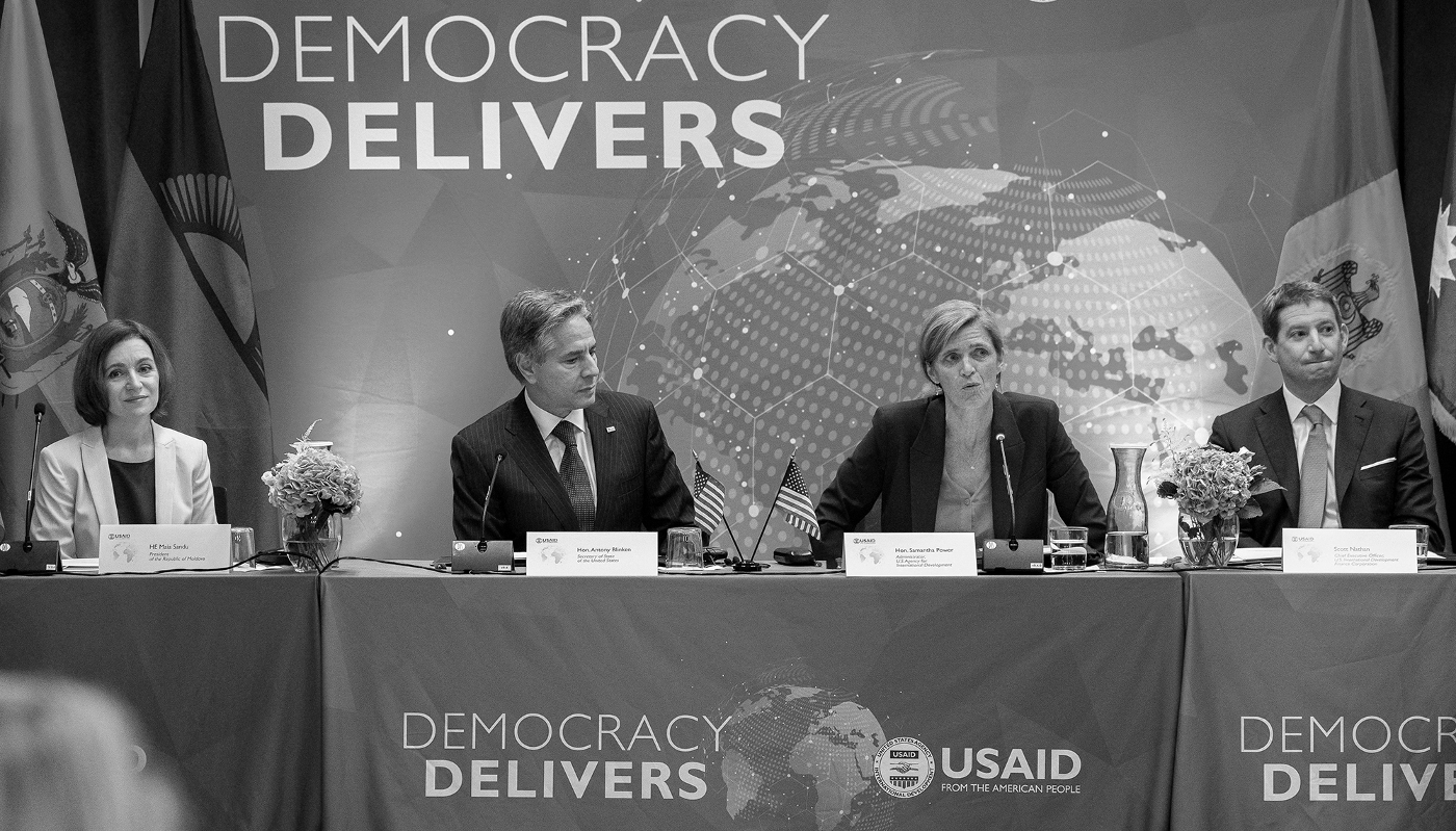 Moldova's President Maia Sandu, US Secretary of State Antony Blinken, USAID administrator Samantha Power and Scott Nathan, CEO of US International Development Finance Corporation, take part in the USAID Democracy Delivers Event during the 77th United Nations General Assembly in New York on September 20, 2022.