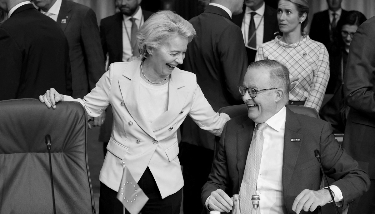 President of the European Commission Ursula von der Leyen with Australia's Prime Minister Anthony Albanese at a meeting with NATO's Indo-Pacific partners during the NATO summit, in Vilnius on 12 July 2023. 