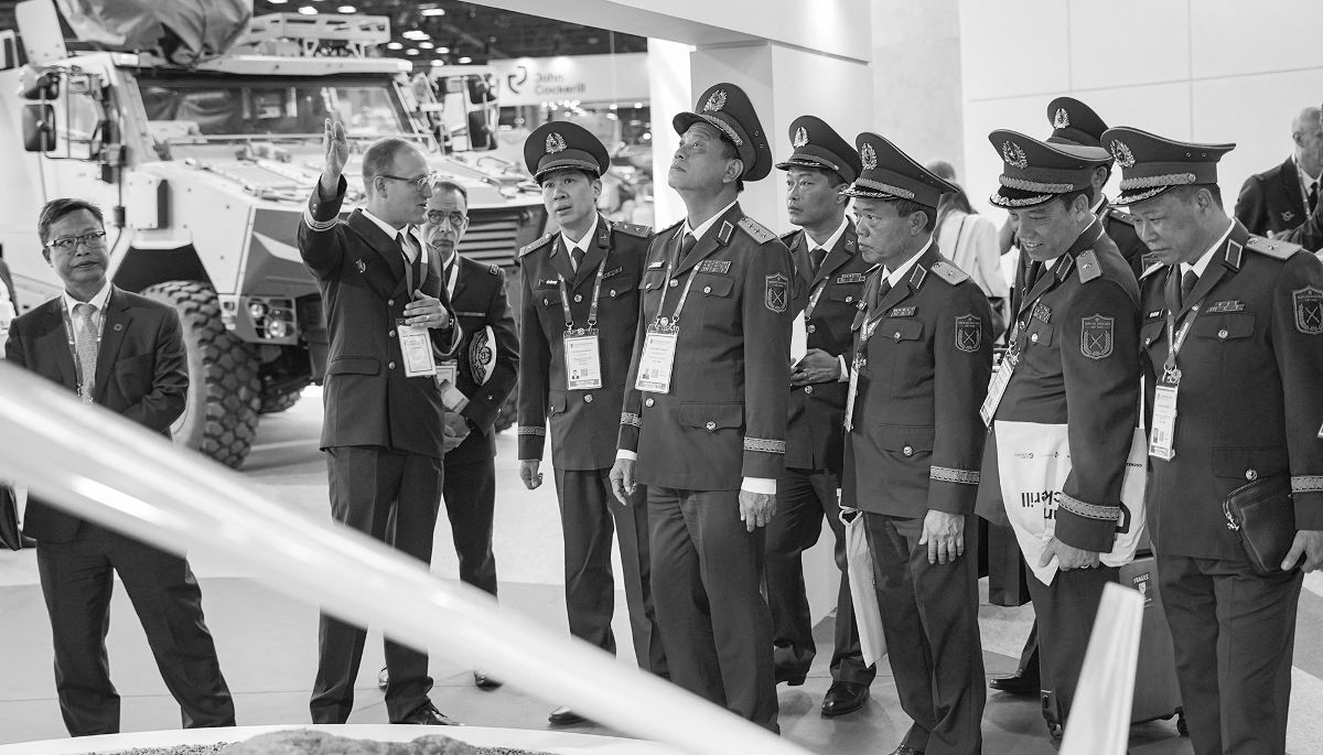 A Vietnamese armed forces' delegation at the French defence ministry's stand at the Eurosatory defence and security trade fair in Villepinte, on 15 June 2026.