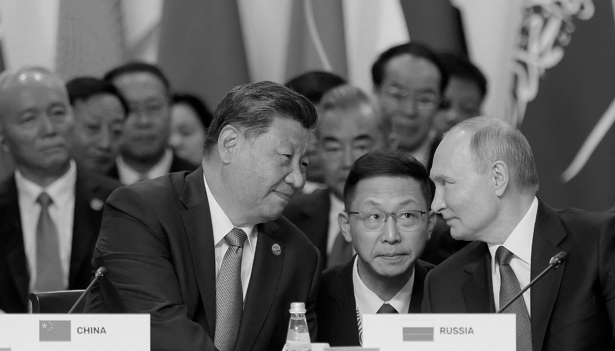 Russian President Vladimir Putin and his Chinese counterpart Xi Jinping during a plenary session held as part of the BRICS+ format at the BRICS summit in Kazan, Russia, on 24 October 2024.

