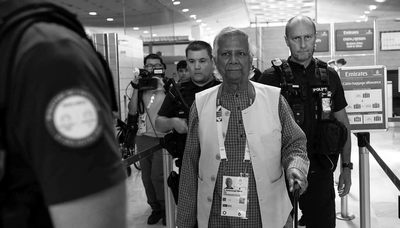 Nobel laureate Muhammad Yunus arrives at Paris Charles de Gaulle airport, France, on 7 August 2024.