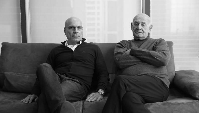 Zvika Nave (left), founder of CGI Group, and Yaakov Peri (right), the company’s current chairman and former director of the Shin Bet, at CGI’s offices in Tel Aviv in 2020.