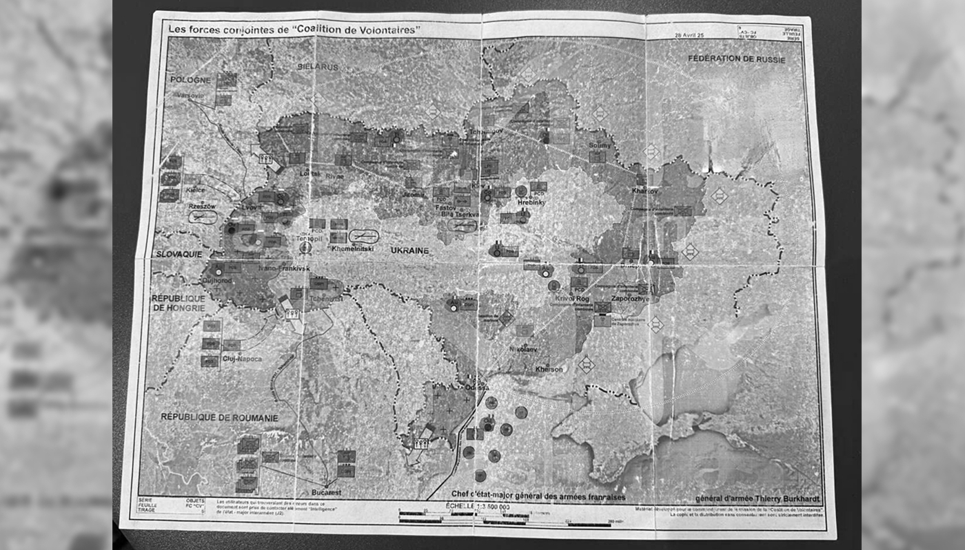 Image of a fake map circulating on social media, purporting to show plans for a possible deployment of Western troops in Ukraine.