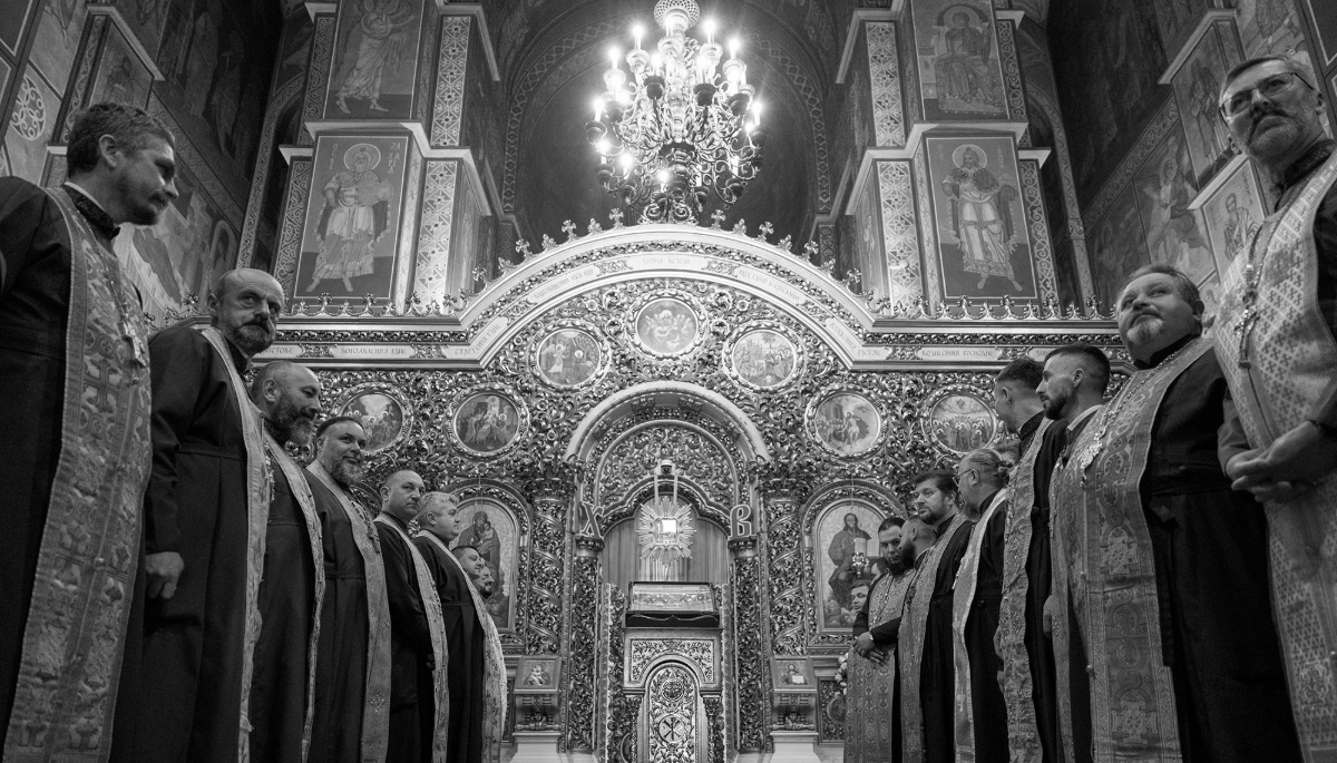 Army chaplains from the Orthodox Church of Ukraine at St. Michael's Cathedral in Kyiv, on 21 May 2025.