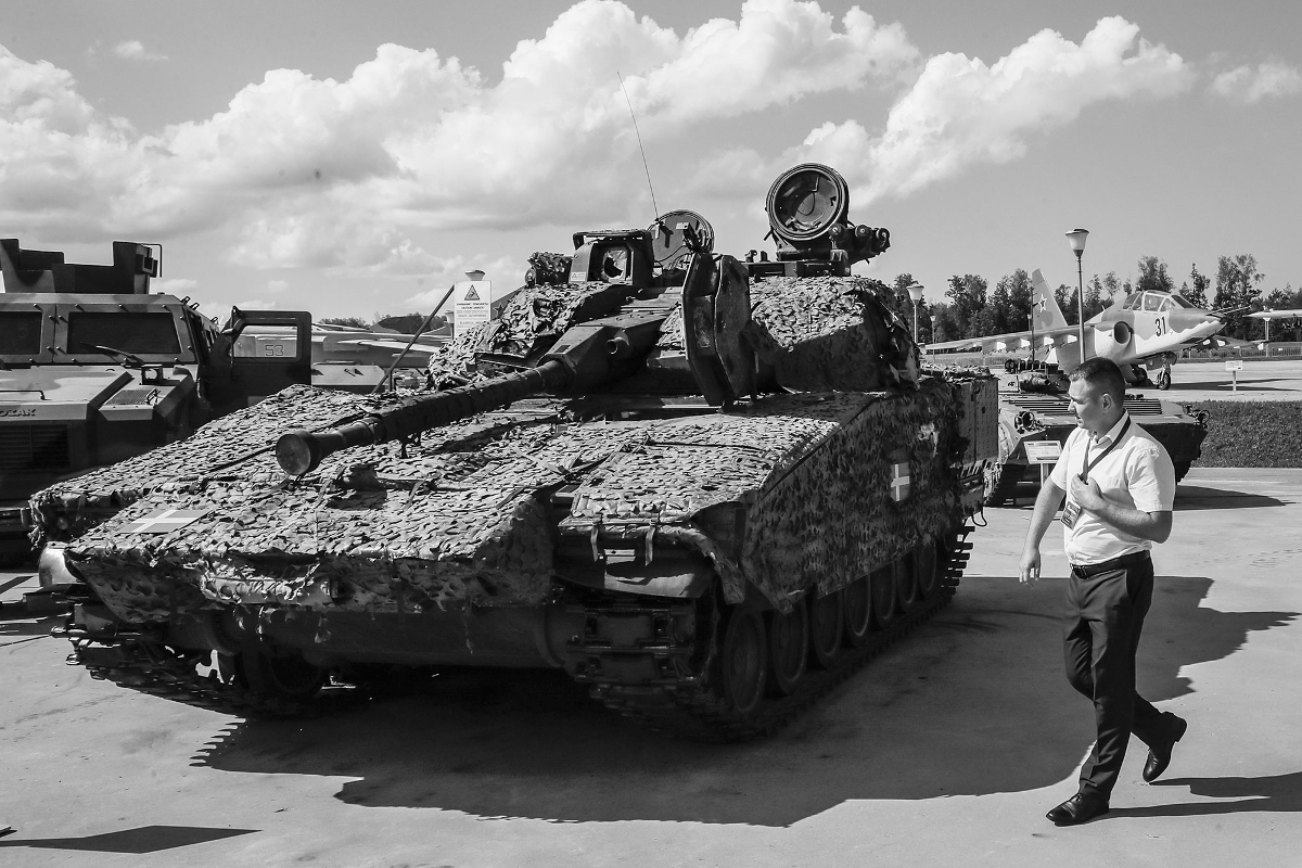 The CV90, the latest generation infantry fighting vehicle manufactured by Saab, on display at the Army 2023 exhibition in Moscow.